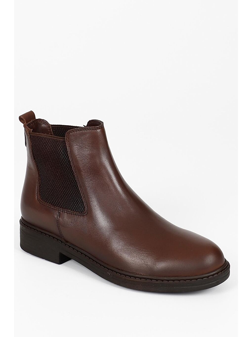 Kahverengi Hakiki Deri Yuvarlak Burun Kauçuk Taban Topuklu Lastikli Kadın Günlük Chelsea Bot 42424-4