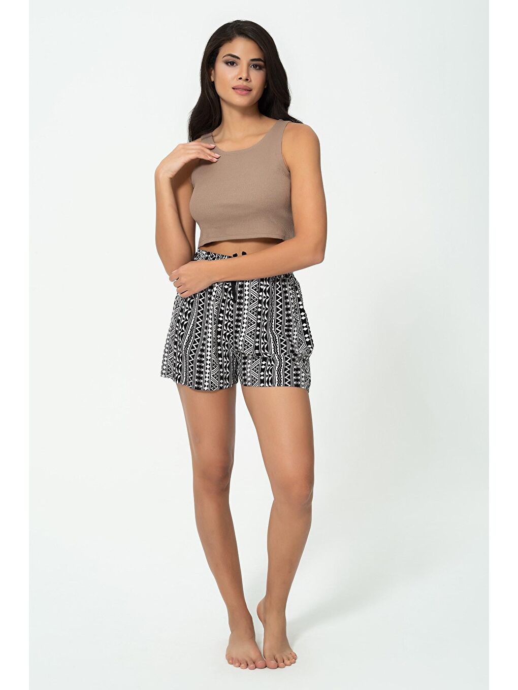 Kahverengi Ribana Kahve Crop Atlet Şort Takım-2