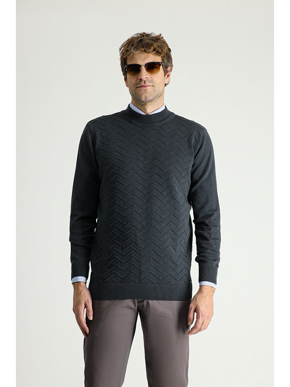 Antrasit Bato Yaka Regular Fit Desenli Pamuklu Triko Kazak-2