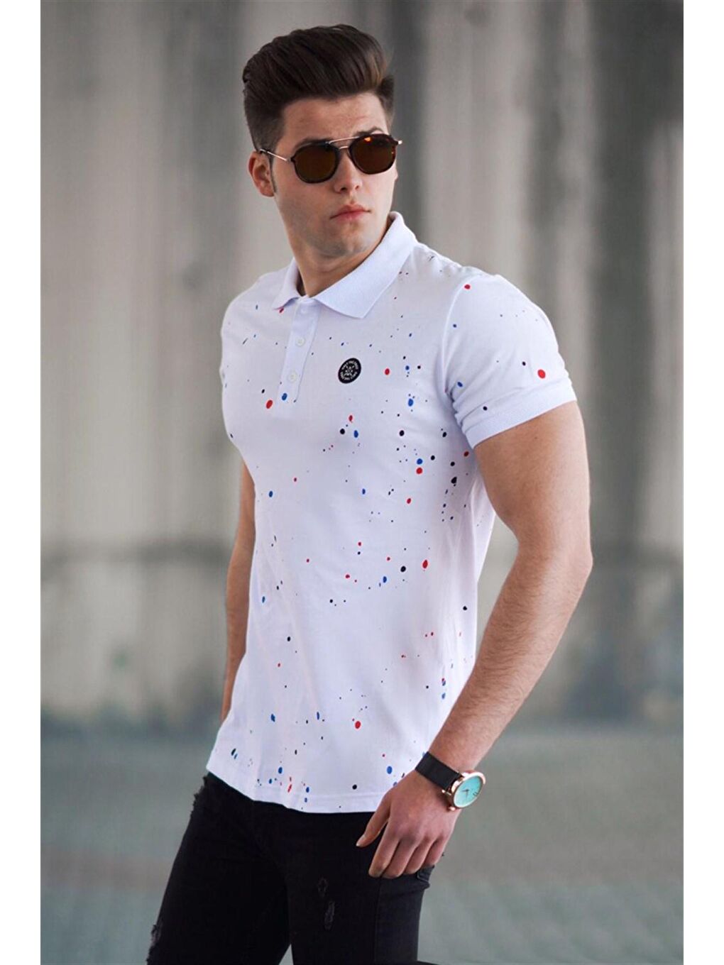 Beyaz Püskürtme Baskı Polo Yaka Tişört 4583