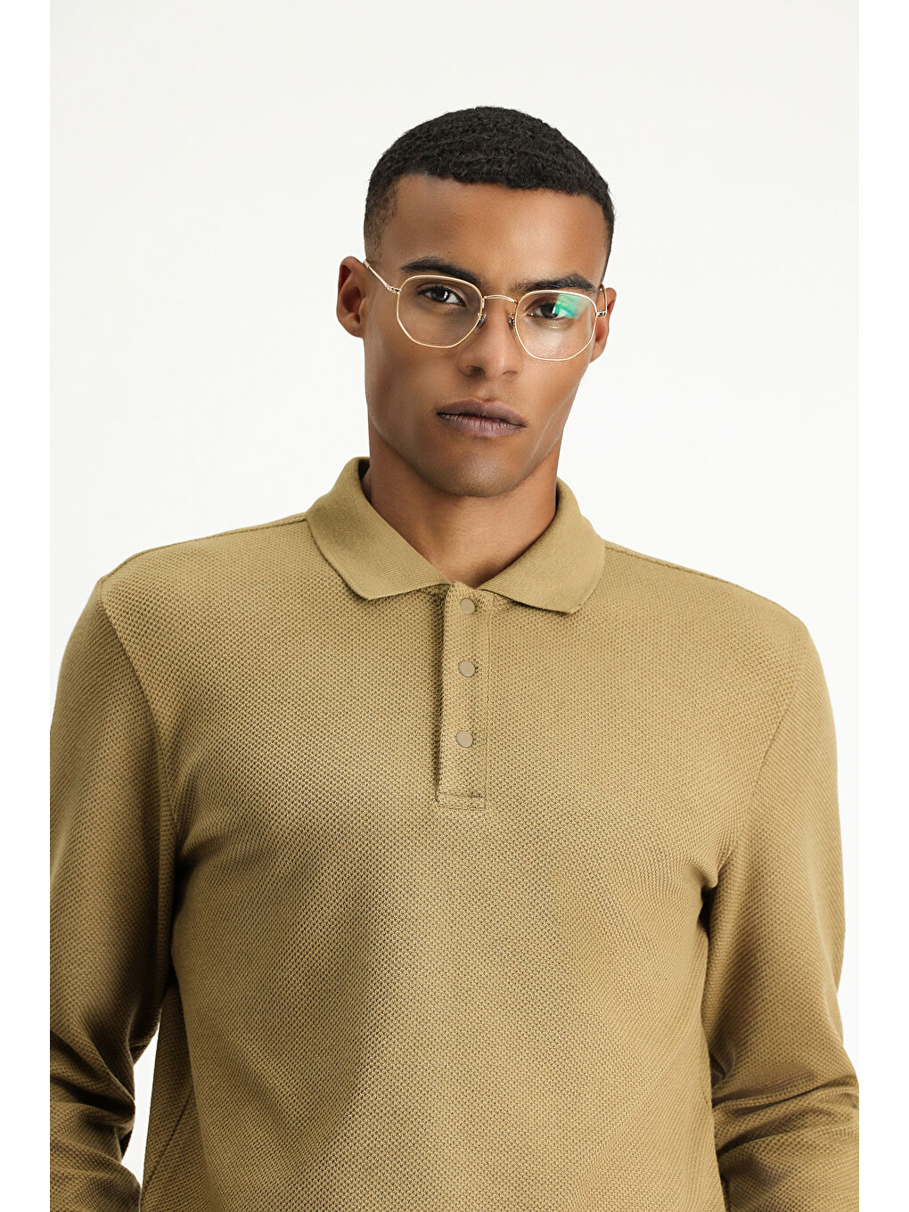 Bej Polo Yaka Regular Fit Desenli Sweatshirt-2