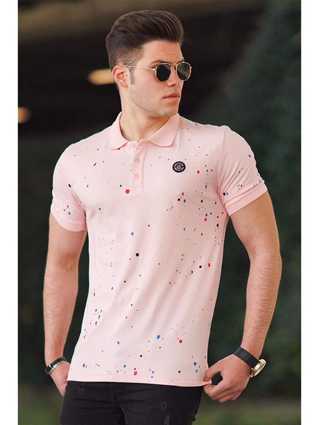 Pembe Pudra Püskürtme Baskı Polo Yaka %100 Pamuk Tişört 4583