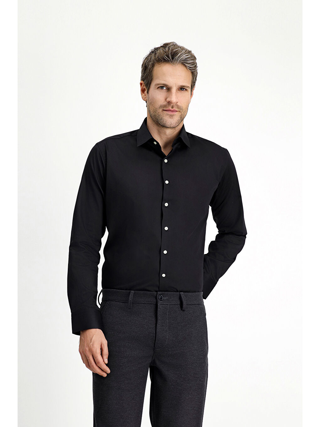 Siyah Uzun Kol Slim Fit Dar Kesim Klasik Pamuk Gömlek-2