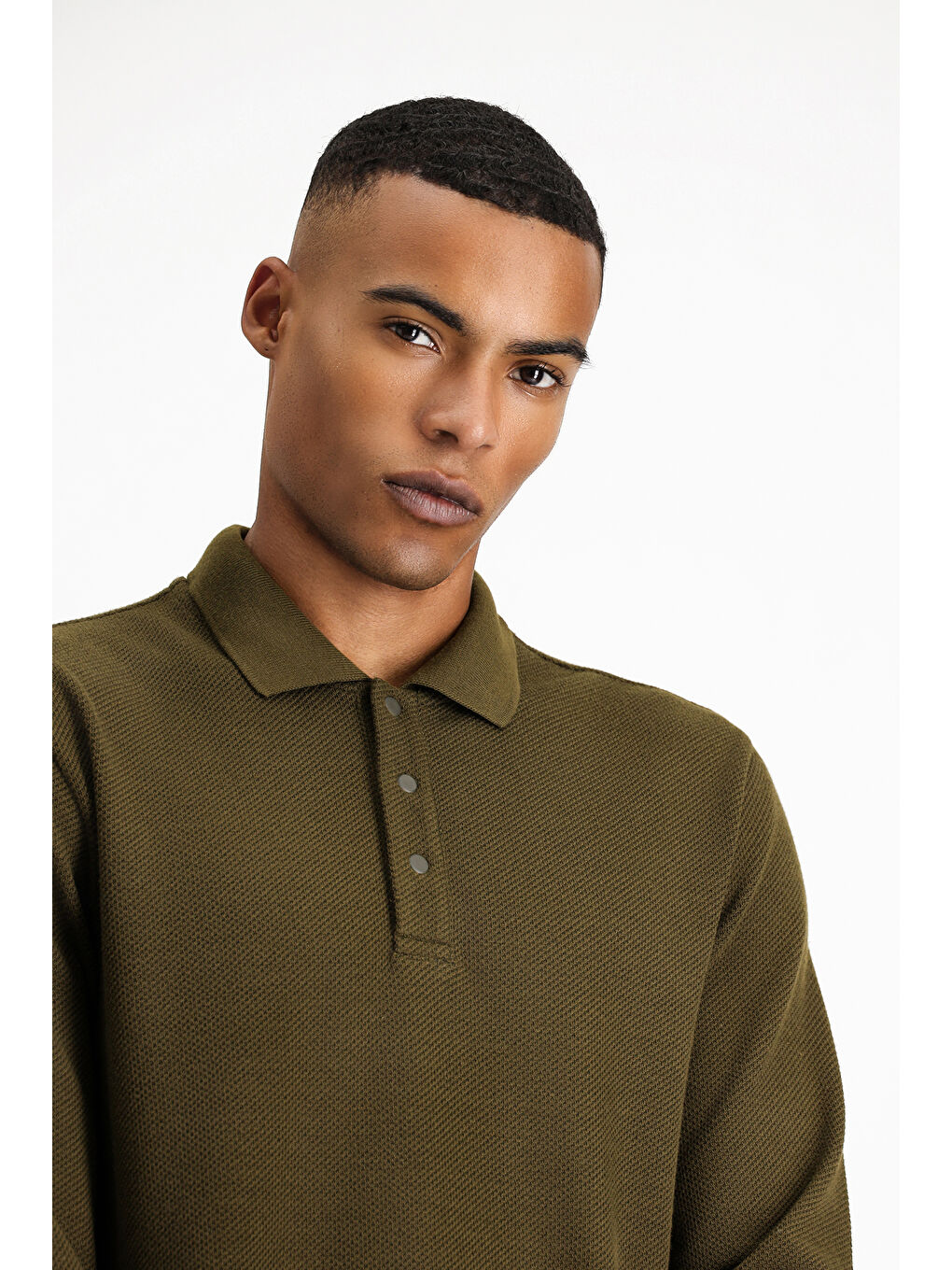 Haki Polo Yaka Regular Fit Desenli Sweatshirt-2