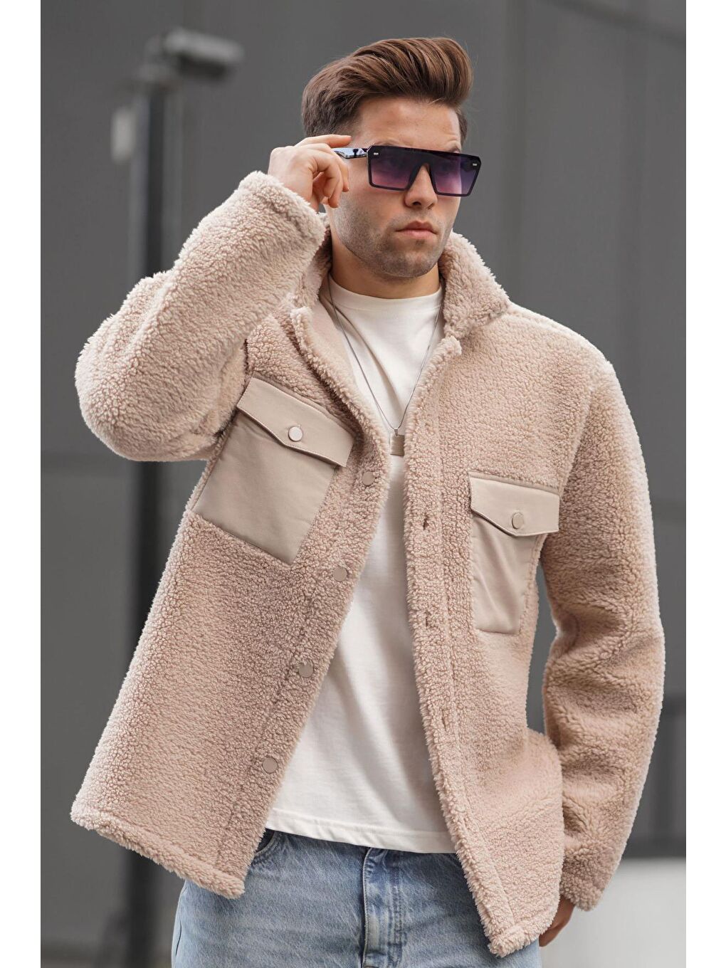 Bej Cep Detaylı Peluş Mont 6720