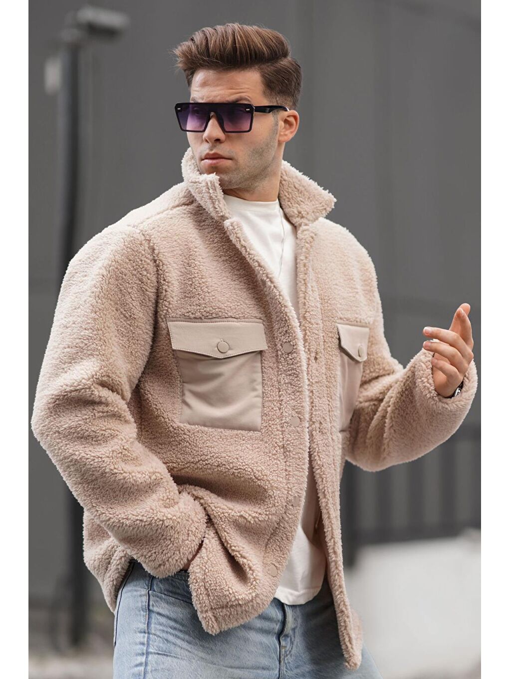Bej Cep Detaylı Peluş Mont 6720-1