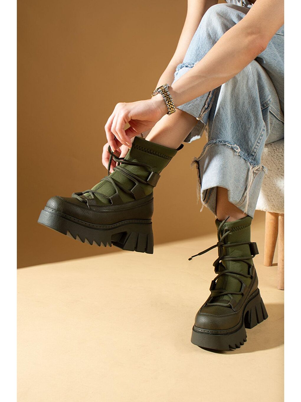 Haki Bağcıklı Sıcak Astar Kalın Taban Streç Kadın Bot & Bootie 36-249-23-1
