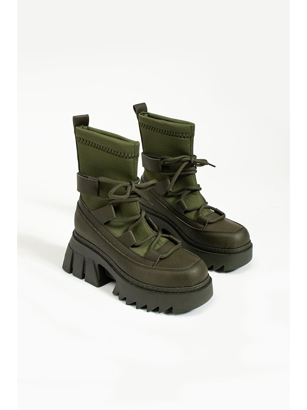 Haki Bağcıklı Sıcak Astar Kalın Taban Streç Kadın Bot & Bootie 36-249-23-3