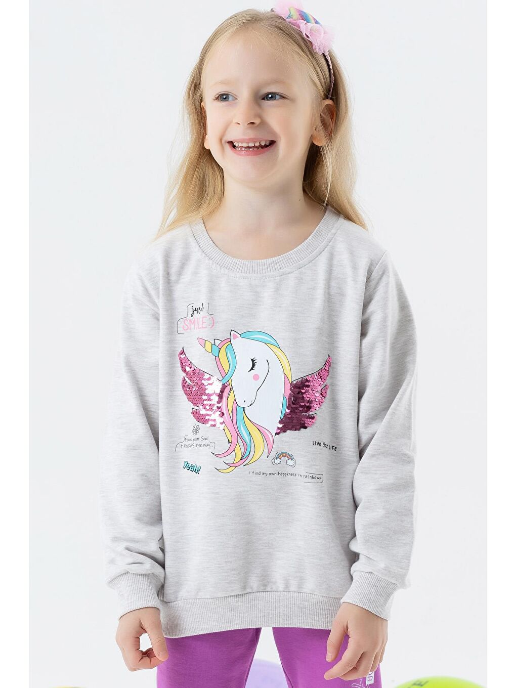 Breeze Bej-Gri Kız Çocuk Sweatshirt Unicorn Baskılı Gri Melanj (2-3 Yaş)