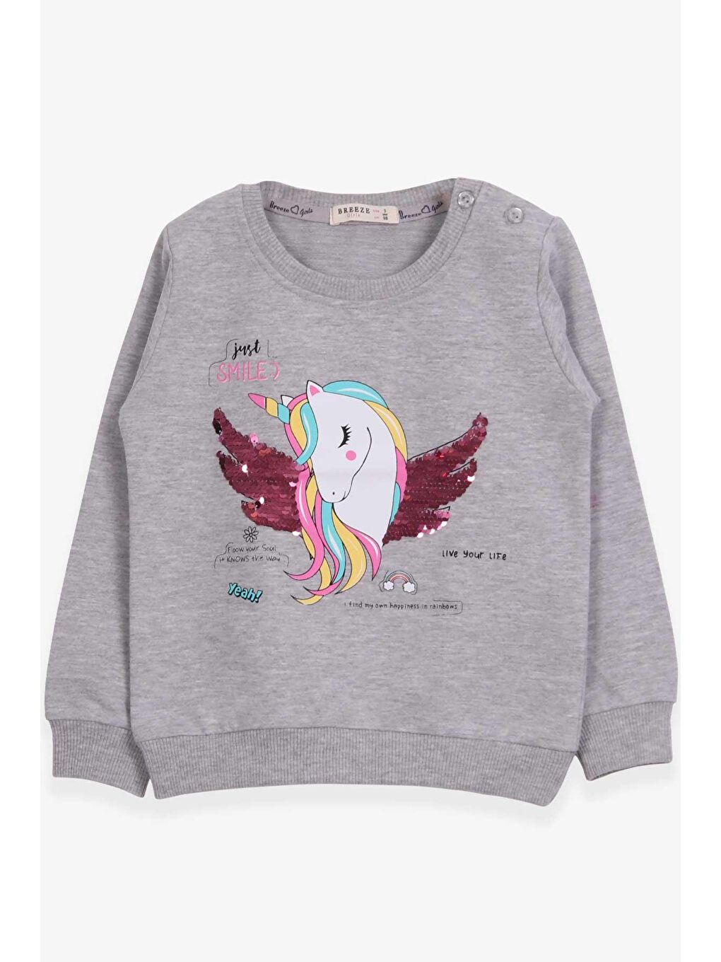 Breeze Bej-Gri Kız Çocuk Sweatshirt Unicorn Baskılı Gri Melanj (2-3 Yaş) - 3