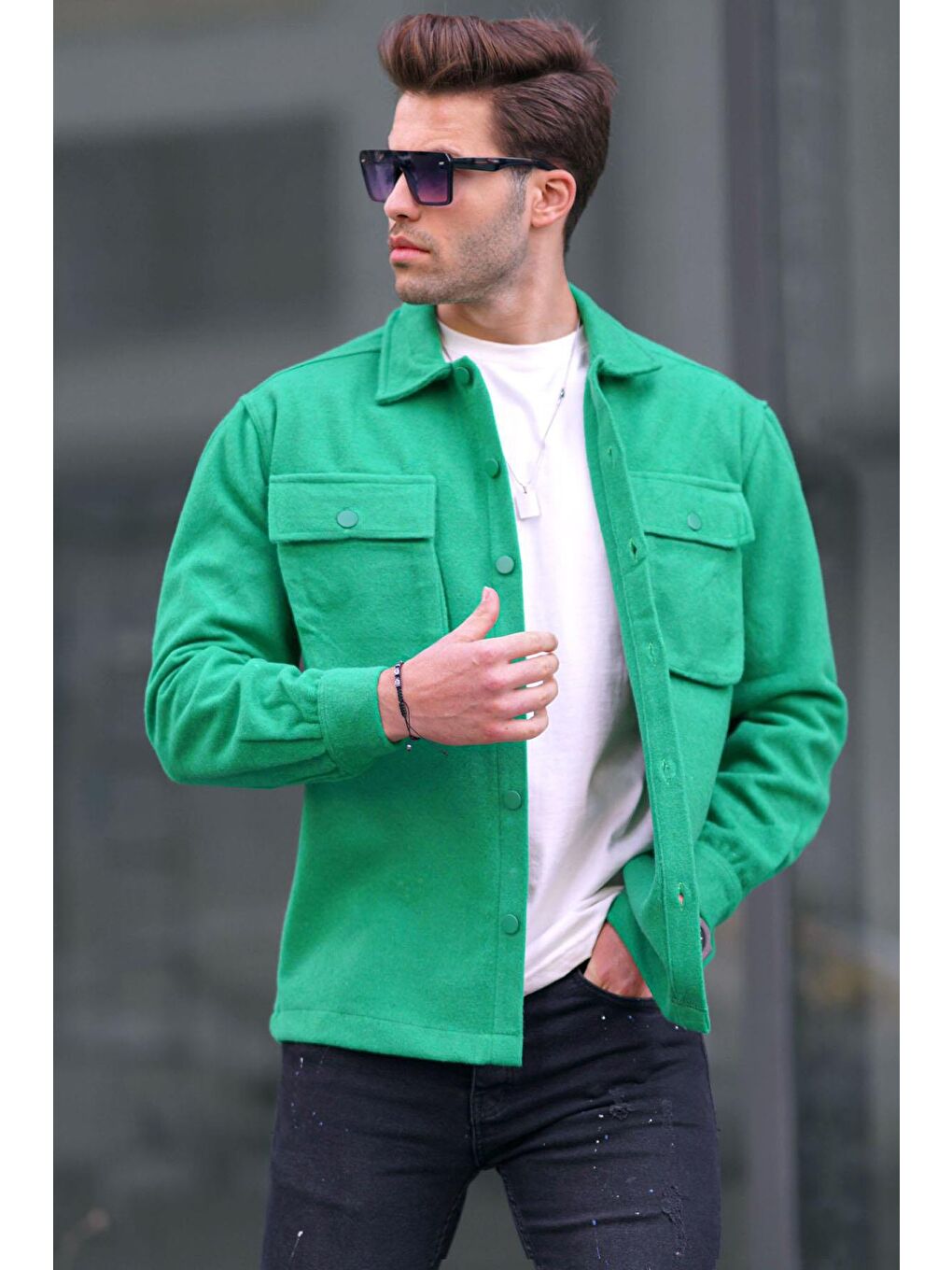 Yeşil Oversize %100 Pamuk Erkek Oduncu Gömlek 6709-1