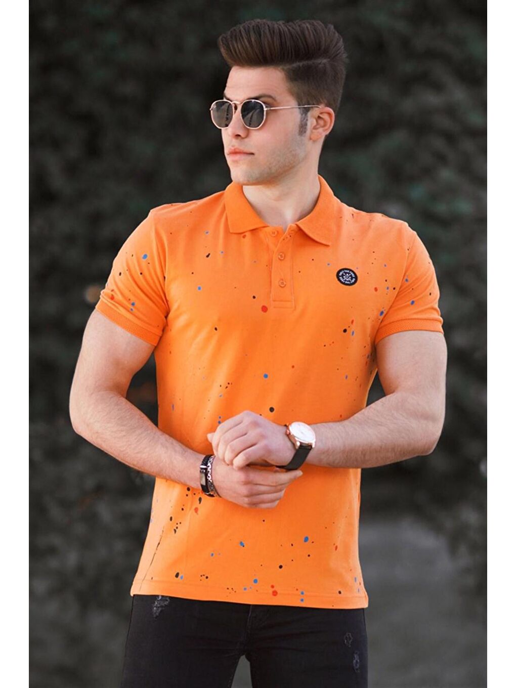 Turuncu Püskürtme Baskı Polo Yaka Tişört 4583