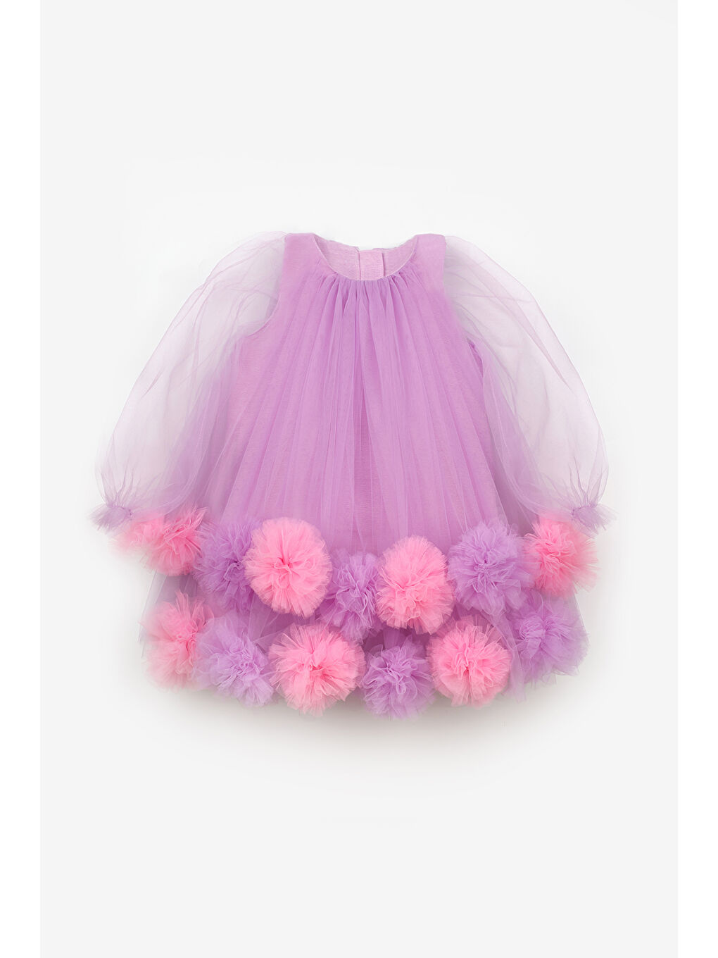 Lila Uzun Kollu Etek Ucu Ponpon Detaylı Kız Çocuk Elbise - Kathy-4