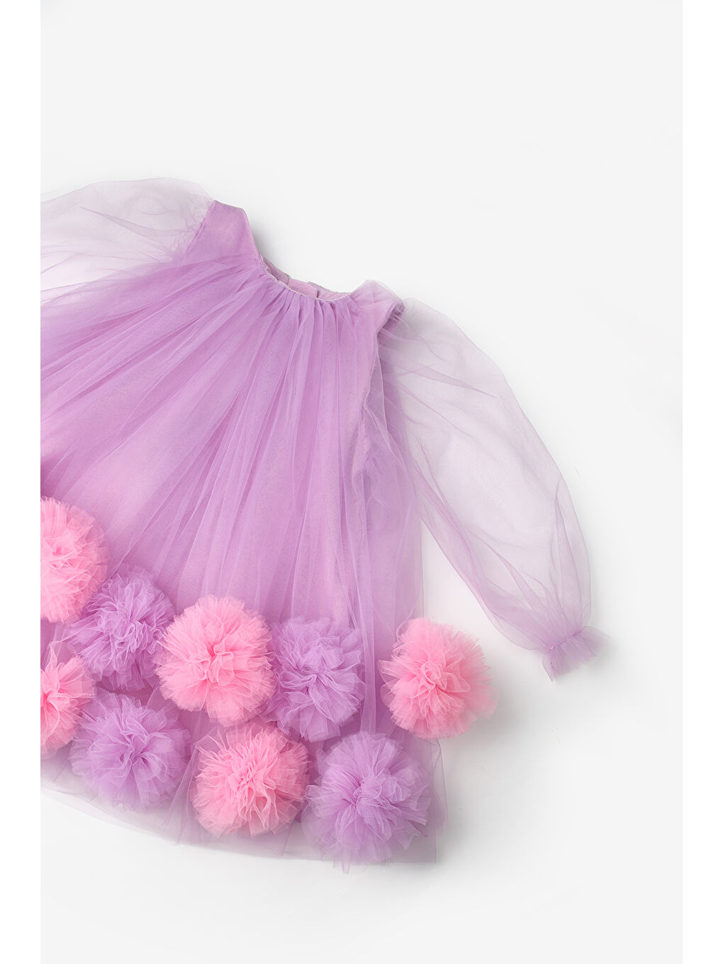 Lila Uzun Kollu Etek Ucu Ponpon Detaylı Kız Çocuk Elbise - Kathy-6