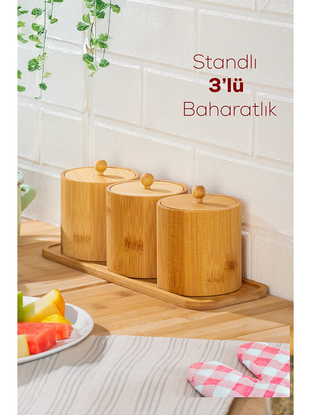 Kahverengi Pbt-604 Bambu Çok Amaçlı Standlı Saklama Kabı Organizer 4 Parça Baharat Seti