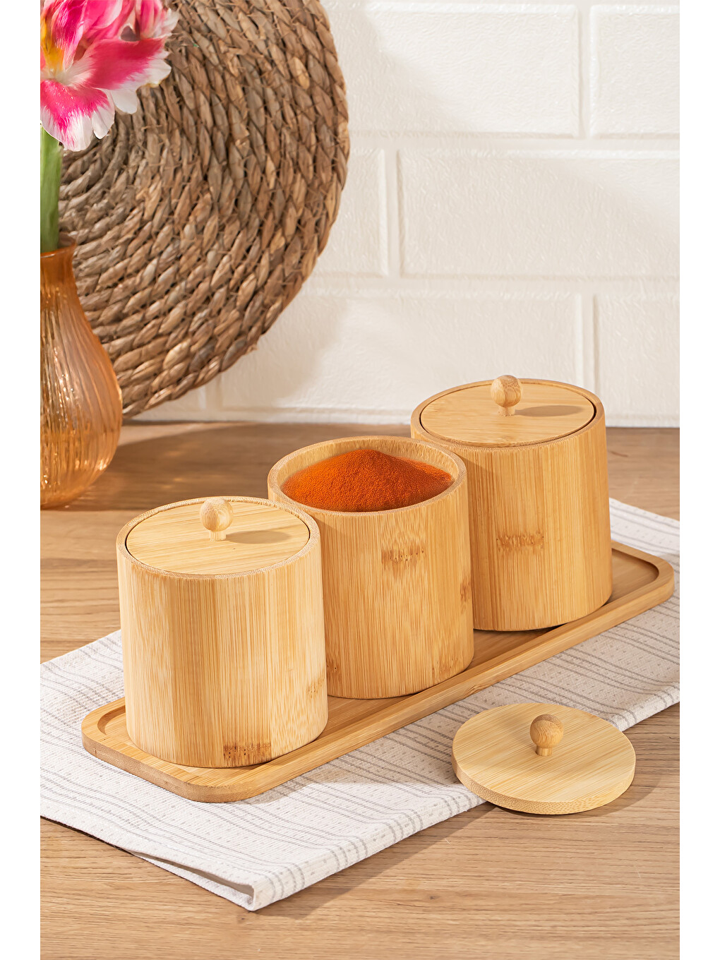 Kahverengi Pbt-604 Bambu Çok Amaçlı Standlı Saklama Kabı Organizer 4 Parça Baharat Seti-1
