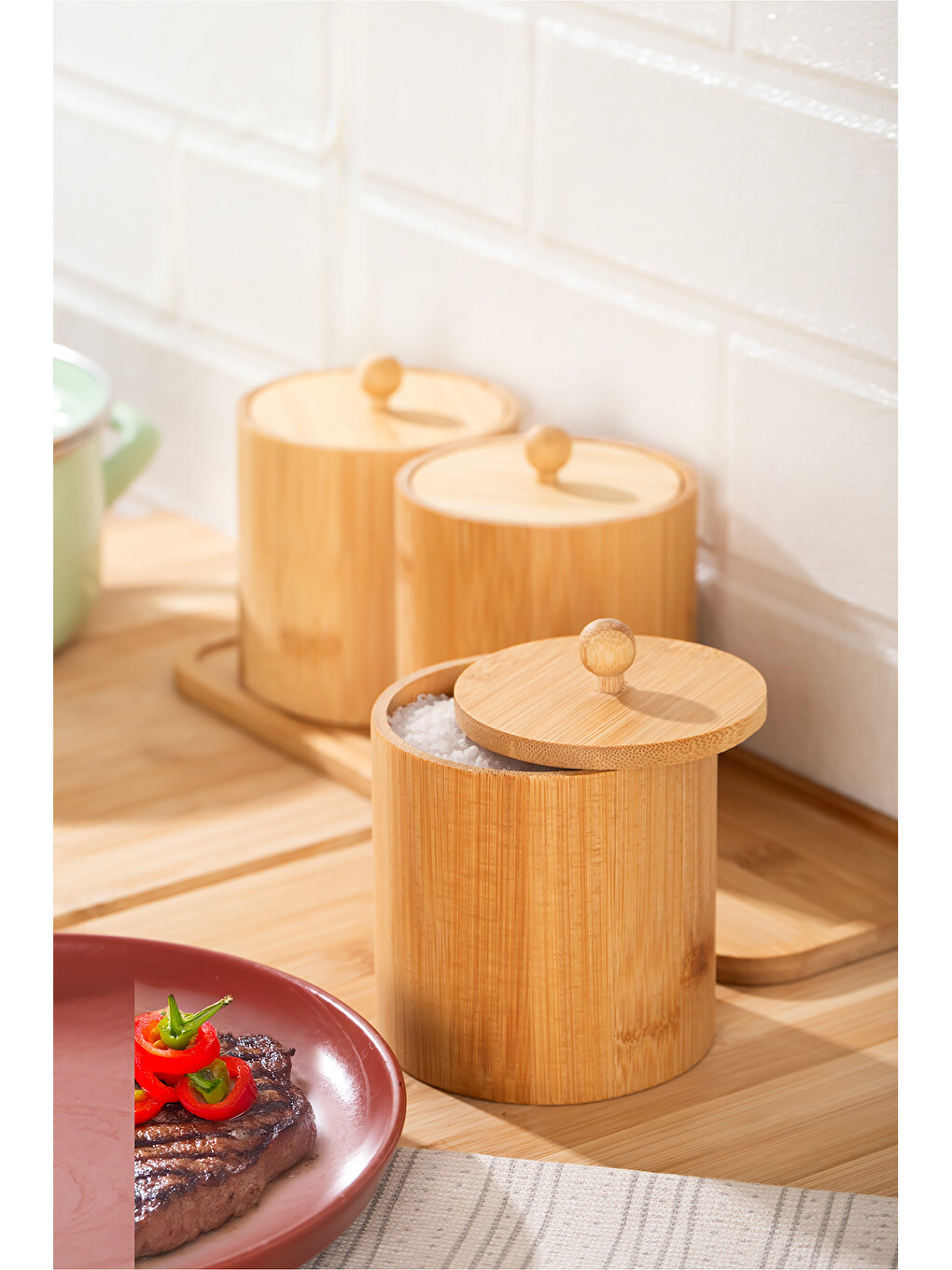 Kahverengi Pbt-604 Bambu Çok Amaçlı Standlı Saklama Kabı Organizer 4 Parça Baharat Seti-2