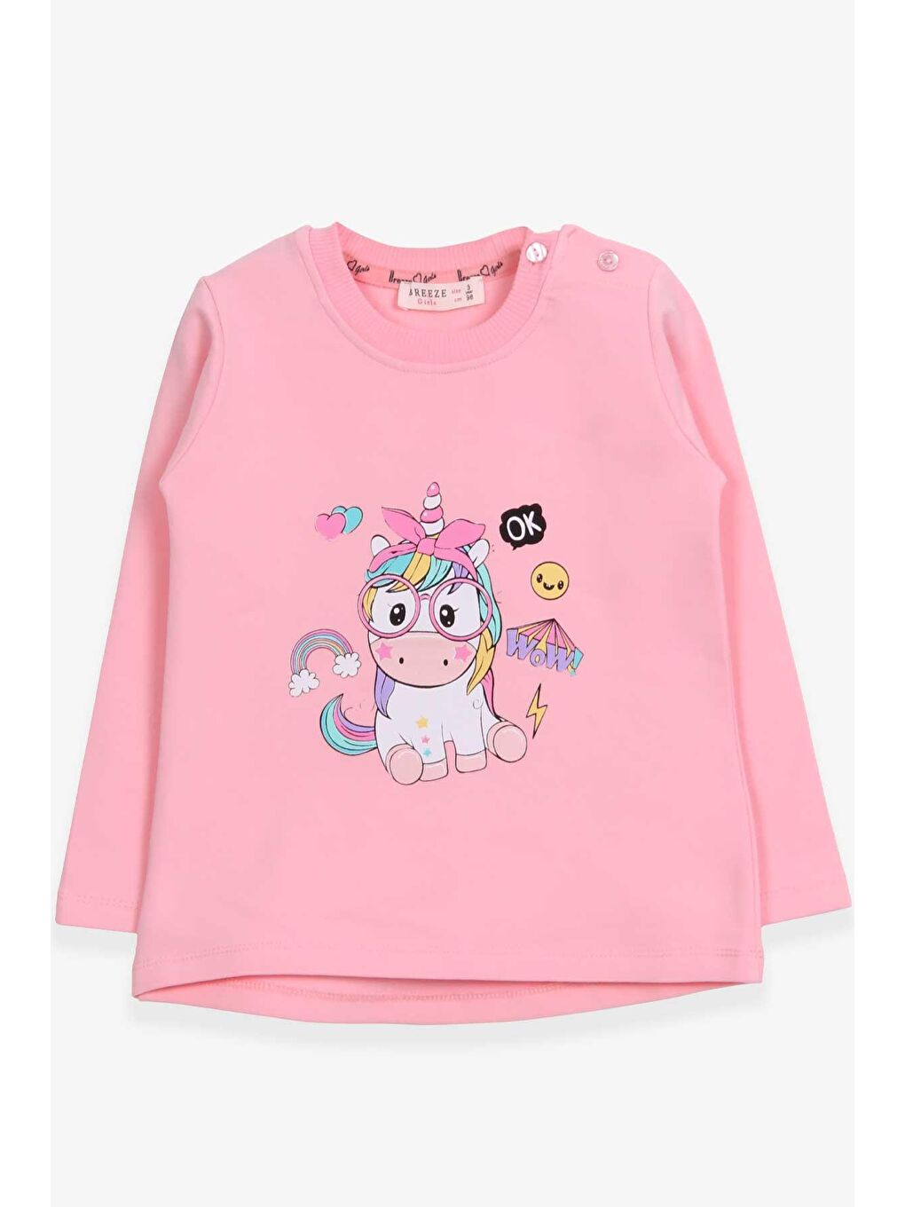 Breeze Pudra Pembe Kız Bebek Sweatshirt Gözlüklü Unicorn Baskılı Pudra (1-1.5 Yaş)