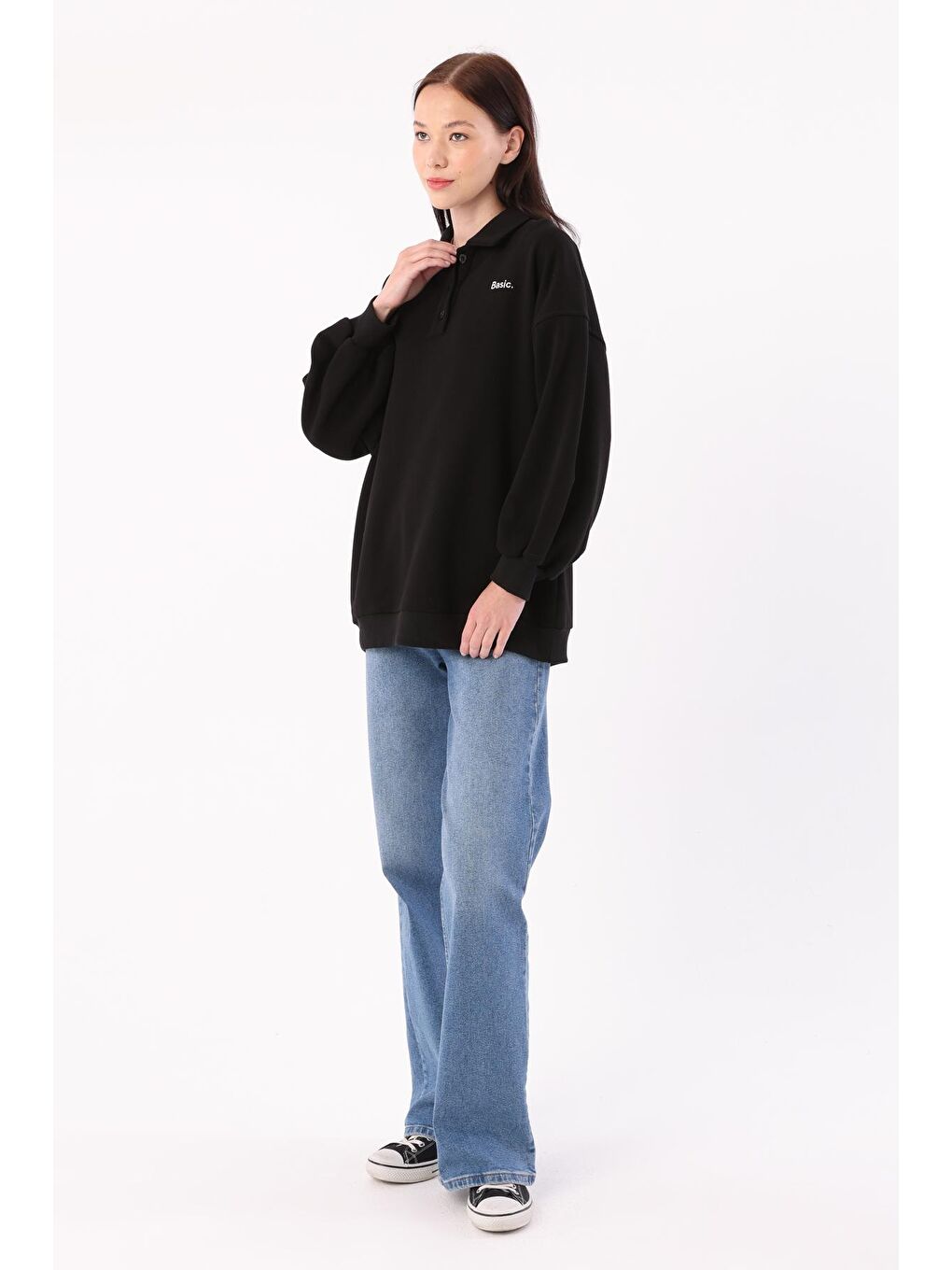 ALLDAY Siyah Polo Yaka  Oversize Sweatshirt - 4