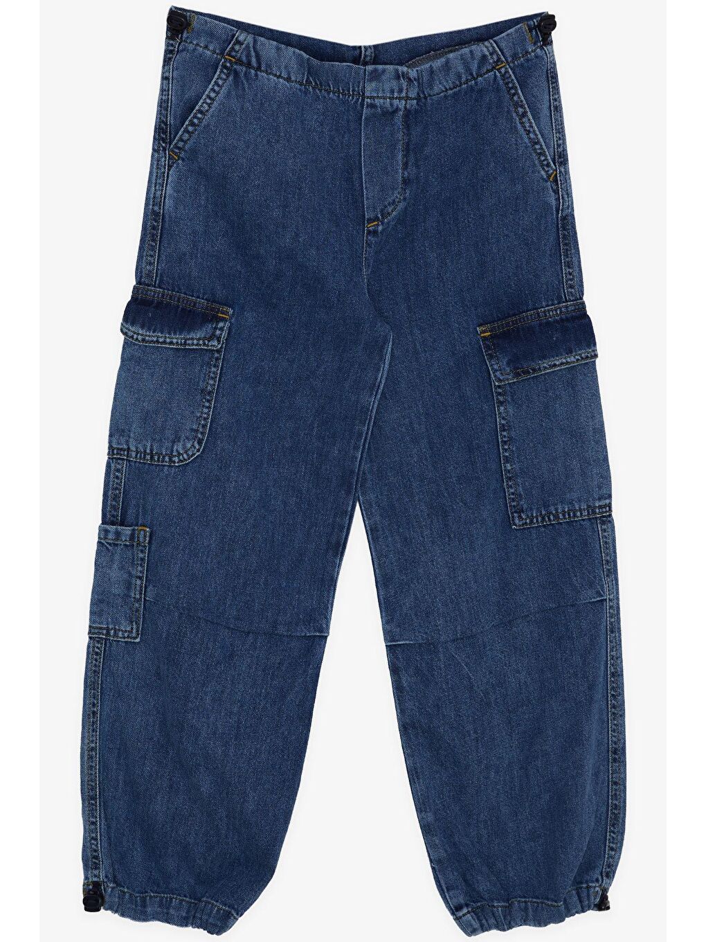 Kız Çocuk Jean Pantolon Kargo Cepli Beli Paçası Lastik Büzgü Mavi (9-14 Yaş)