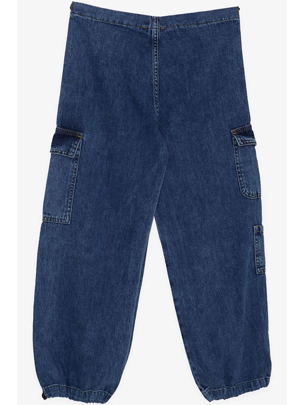 Kız Çocuk Jean Pantolon Kargo Cepli Beli Paçası Lastik Büzgü Mavi (9-14 Yaş)-1