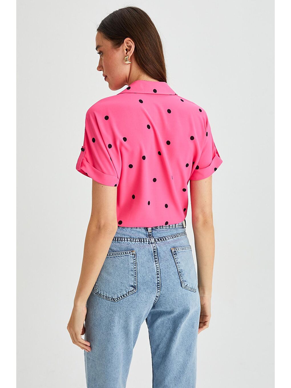 Fuşya Kadın Gömlek Yaka Puantiyeli Bağlama Detaylı Apoletli Bluz-2