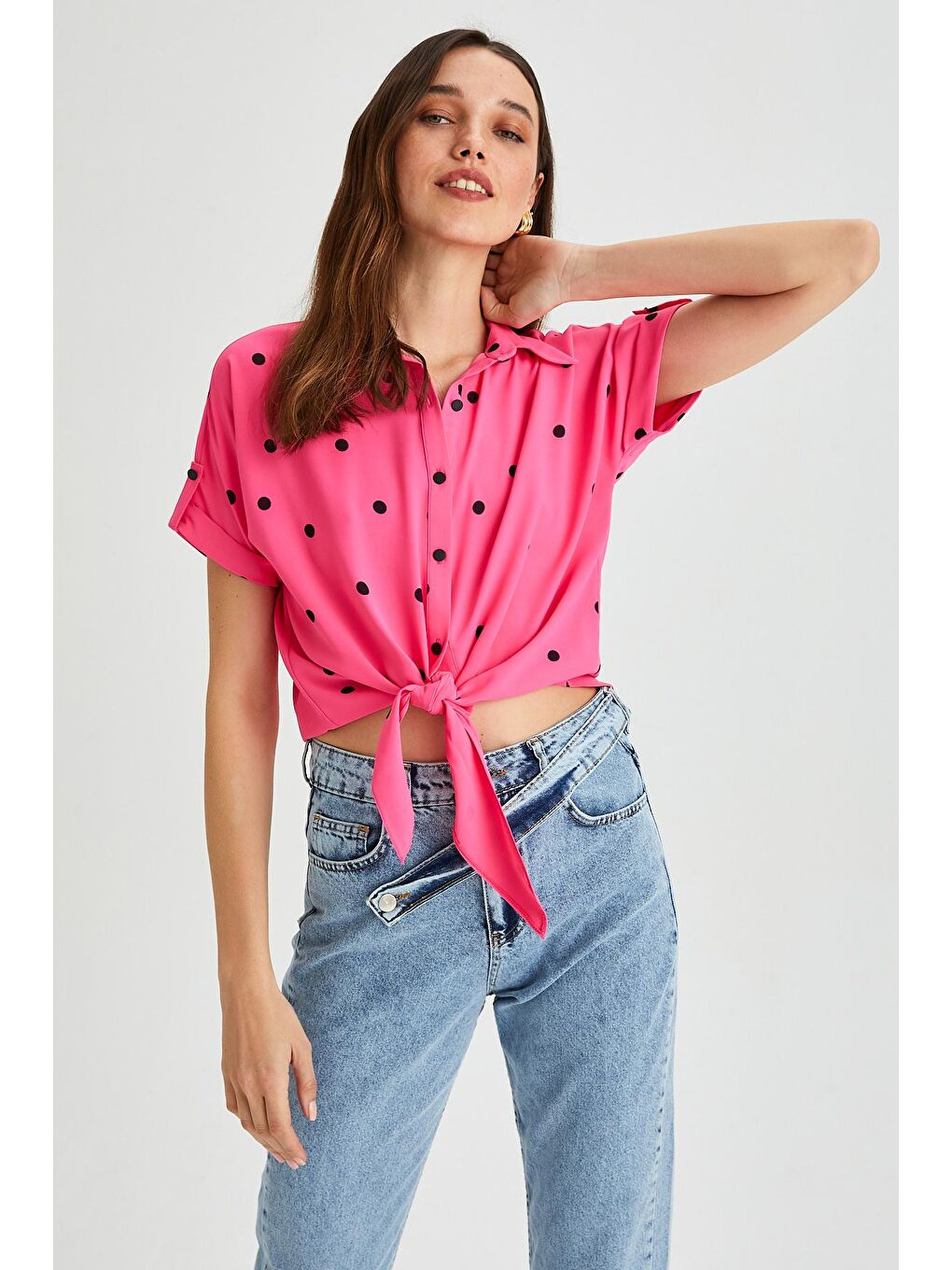 Fuşya Kadın Gömlek Yaka Puantiyeli Bağlama Detaylı Apoletli Bluz-3