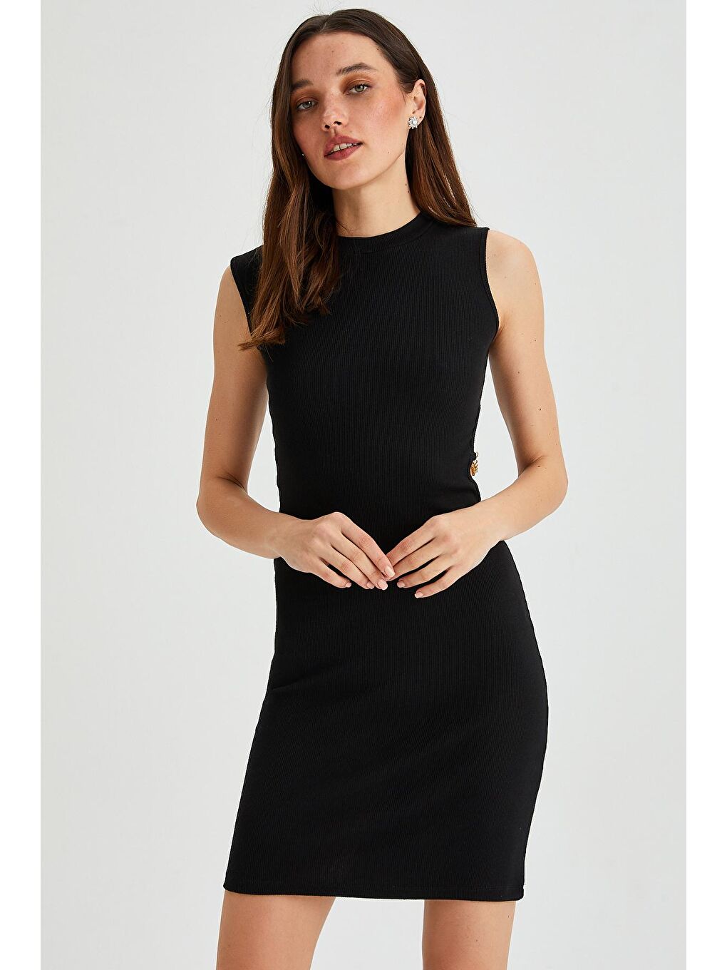 Siyah Kadın Zincir Pencere Detaylı Kolsuz Örme Kalem Elbise-4