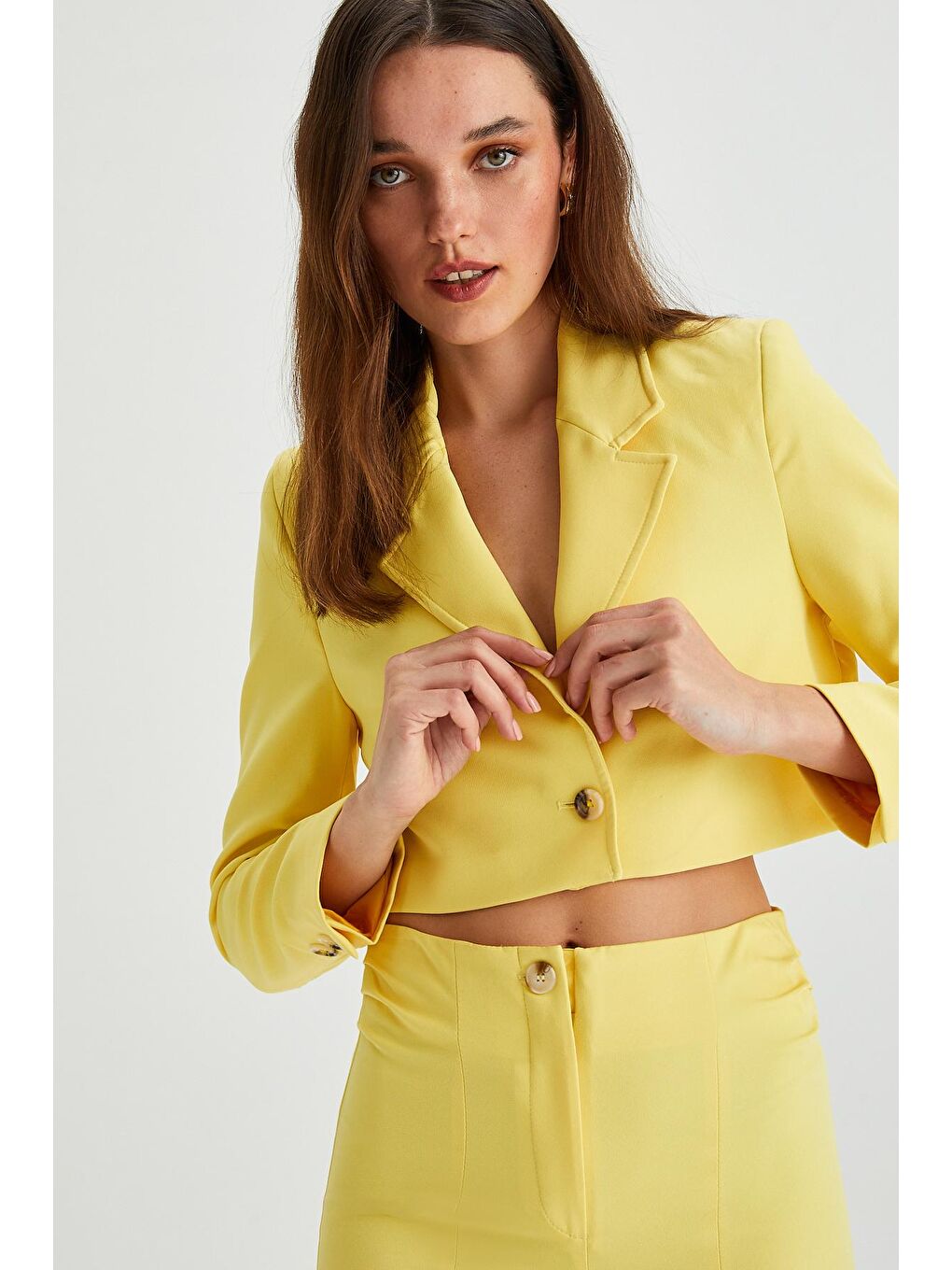 Sarı Kadın Kruvaze Crop Blazer Ceket