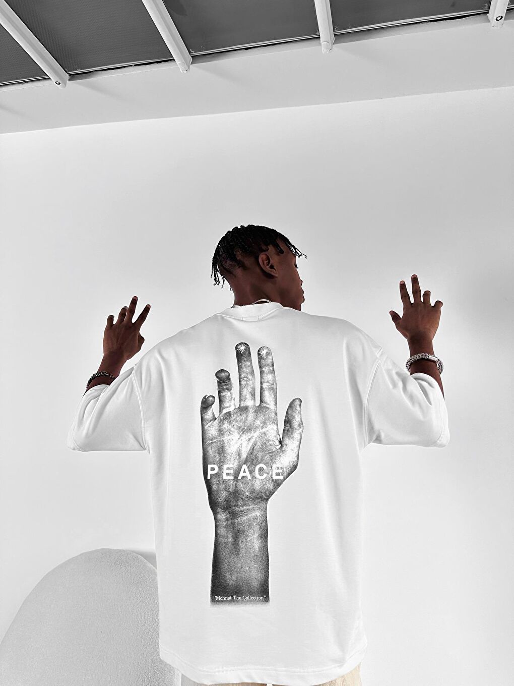 Erkek Baskılı Oversize Tişört Beyaz