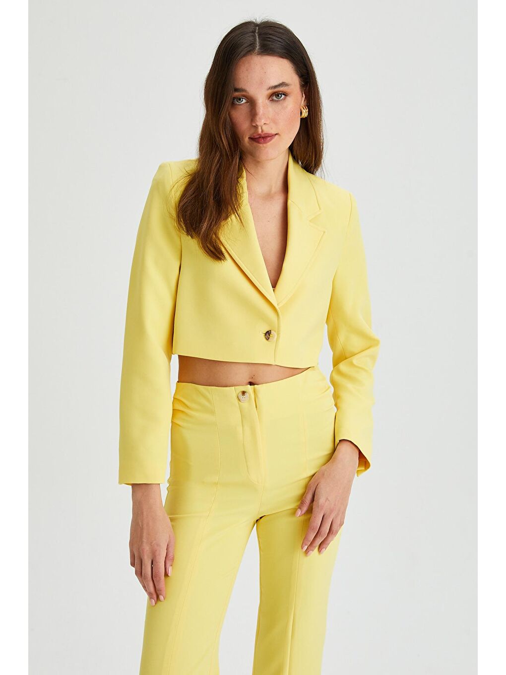 Sarı Kadın Kruvaze Crop Blazer Ceket-1