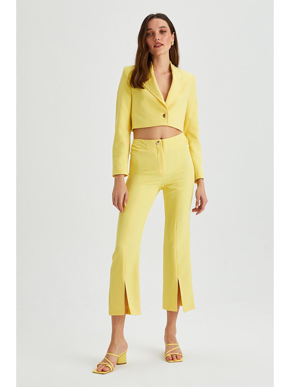 Sarı Kadın Kruvaze Crop Blazer Ceket-3