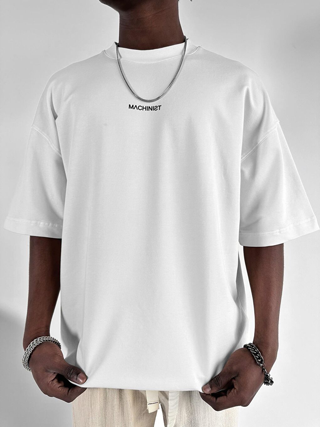 Erkek Baskılı Oversize Tişört Beyaz-1