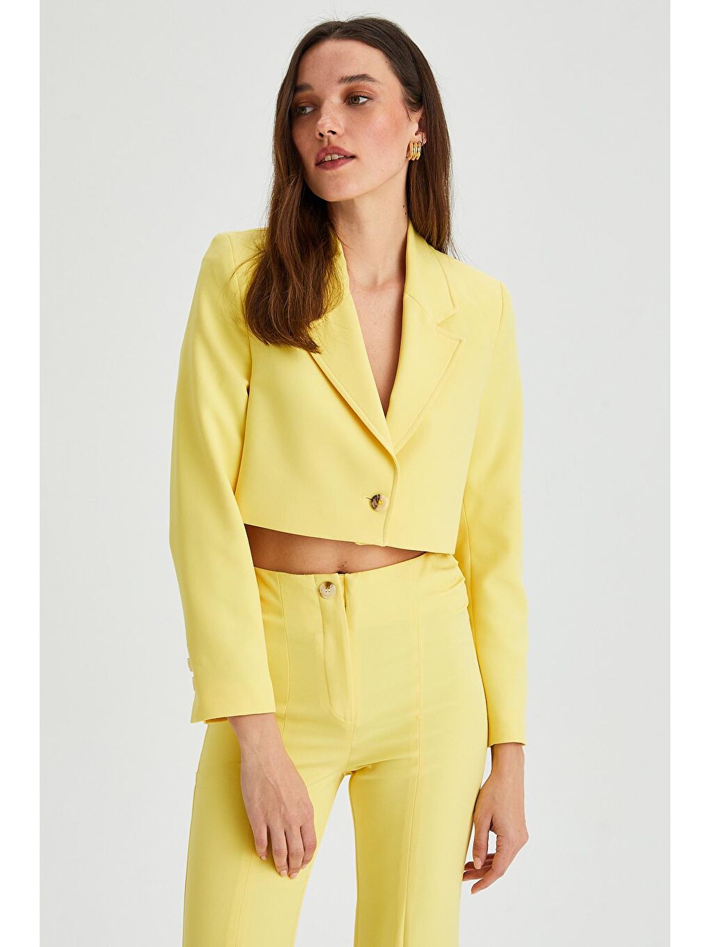 Sarı Kadın Kruvaze Crop Blazer Ceket-2