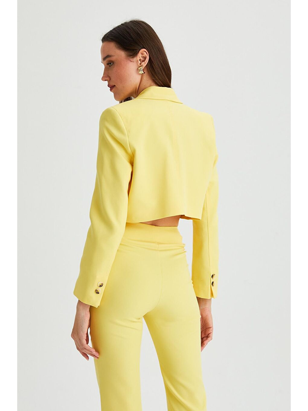Sarı Kadın Kruvaze Crop Blazer Ceket-4