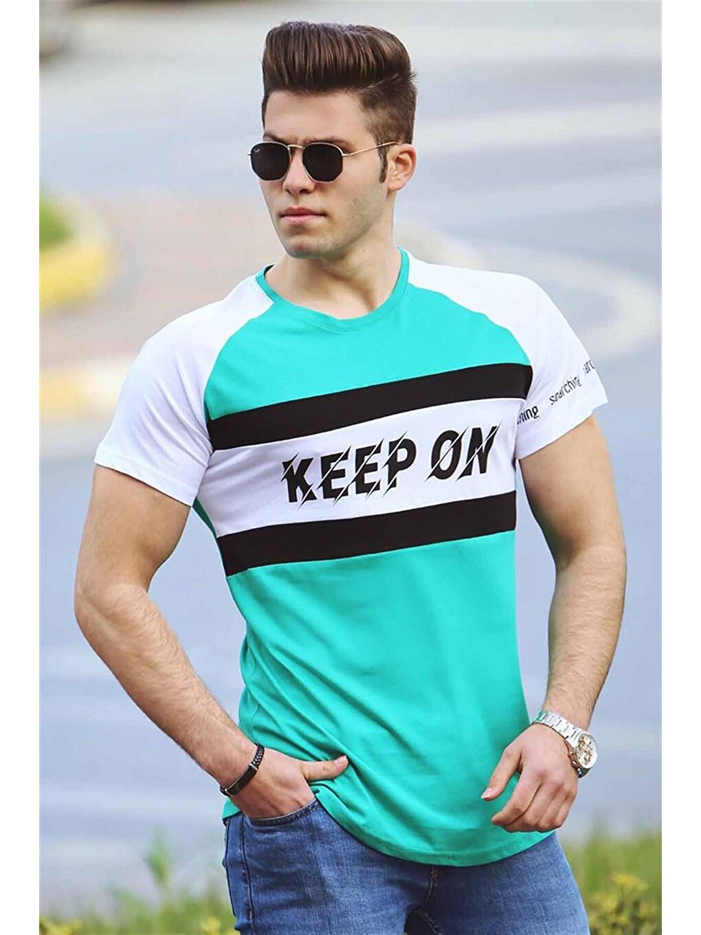 Yeşil Bisiklet Yaka Baskılı Tişört 3031