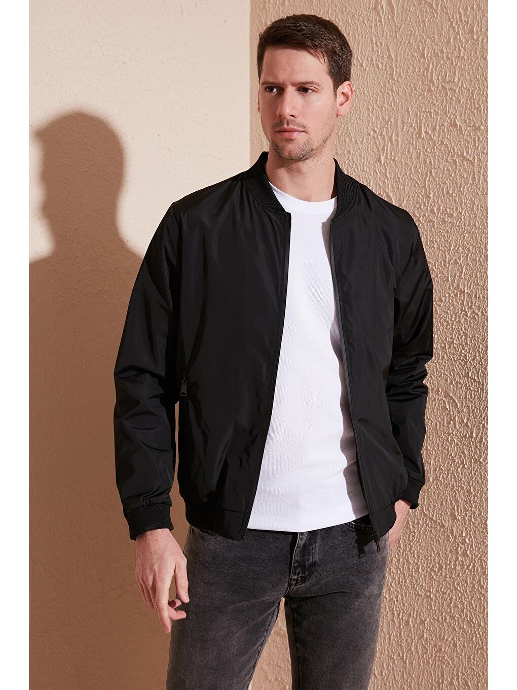 Siyah Slim Fit Fermuarlı Kolej Yaka Bomber İnce Mont 497TEKER