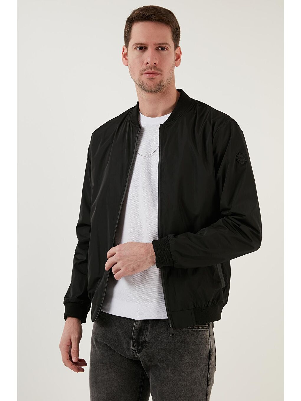 Siyah Slim Fit Fermuarlı Kolej Yaka Bomber İnce Mont 497TEKER-3