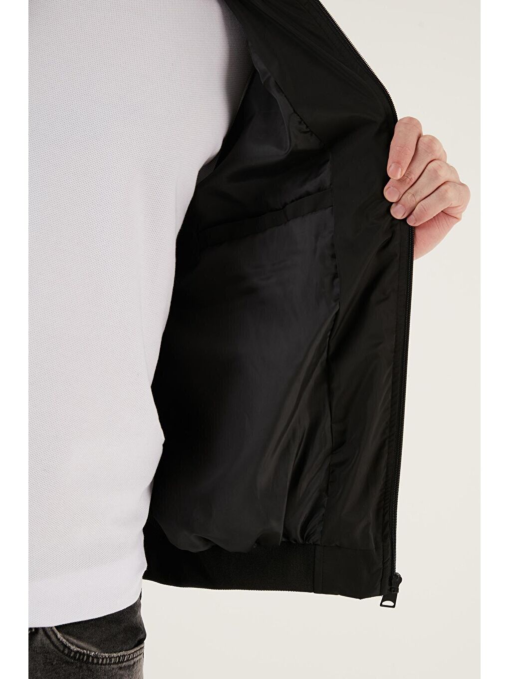Siyah Slim Fit Fermuarlı Kolej Yaka Bomber İnce Mont 497TEKER-4