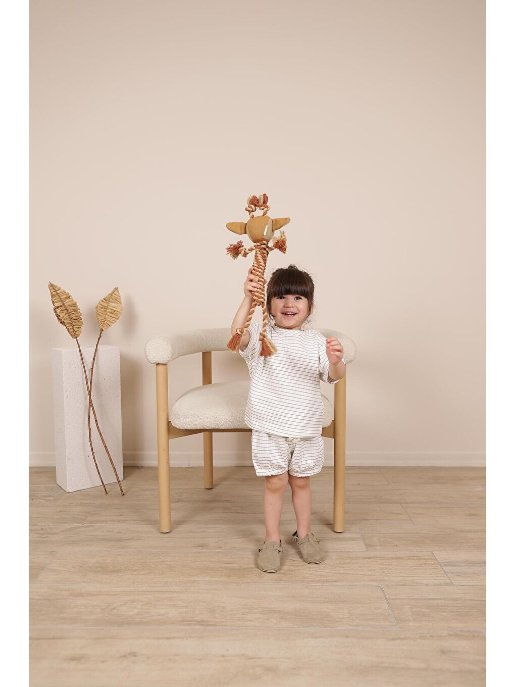 Ekru İndigo Çizgili Lastikli T shirt Şort Takım-1