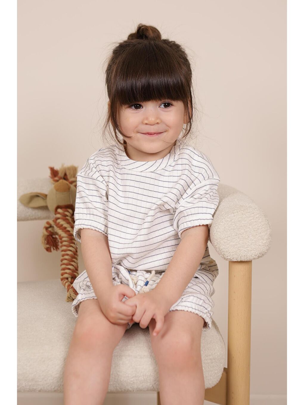 Ekru İndigo Çizgili Lastikli T shirt Şort Takım-2