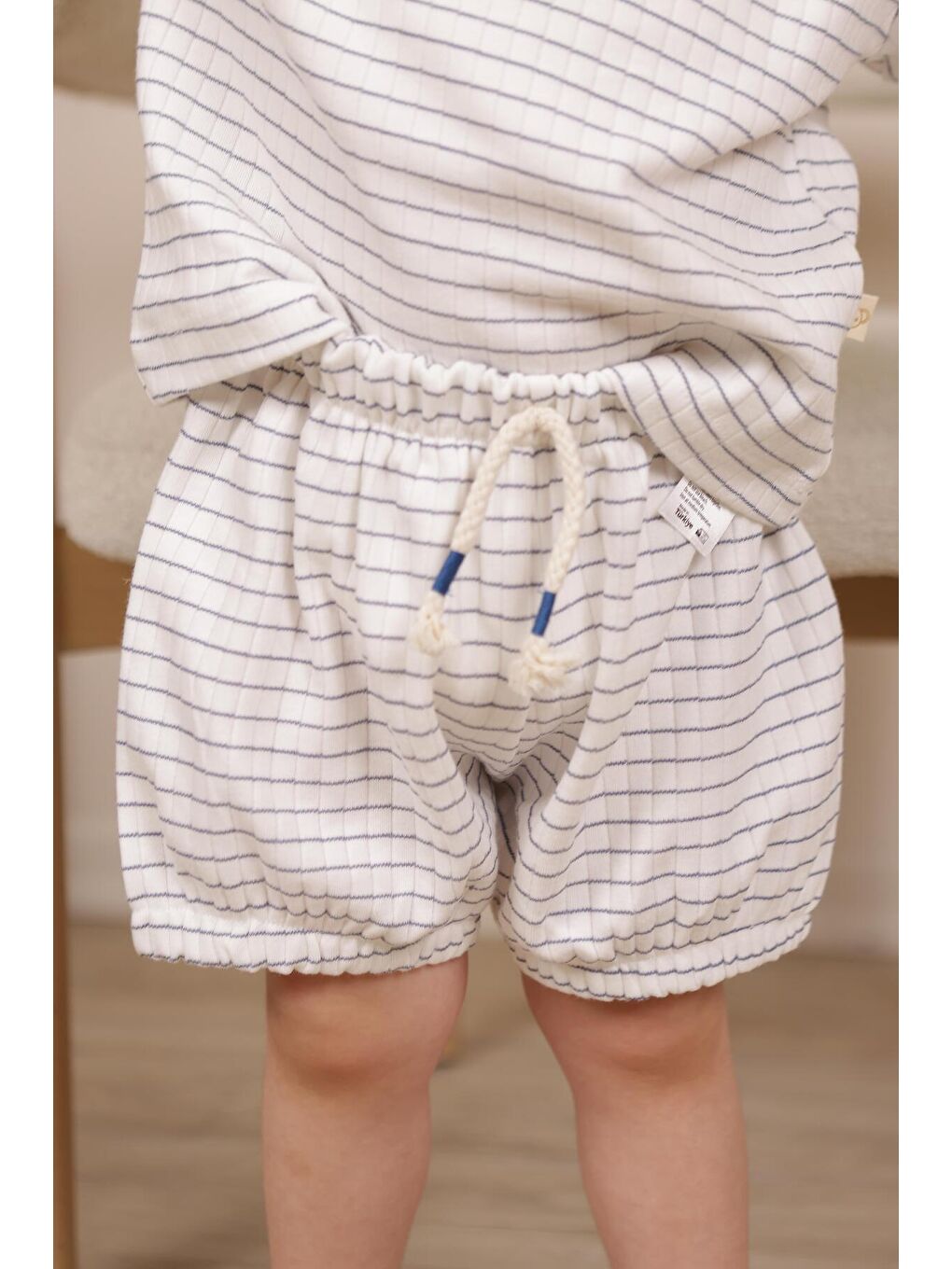 Ekru İndigo Çizgili Lastikli T shirt Şort Takım-4