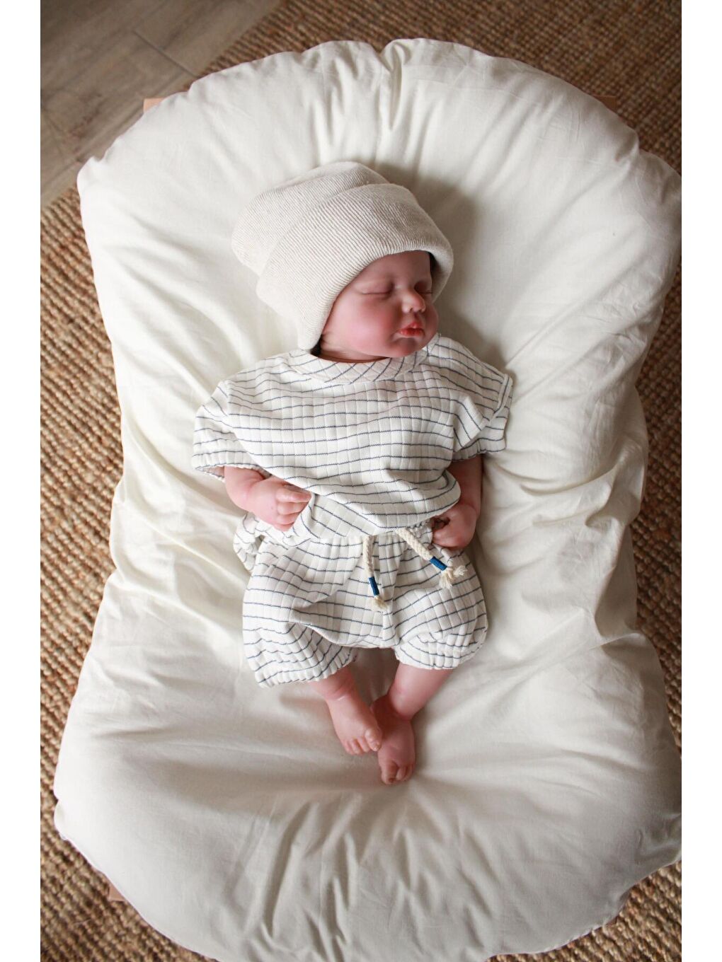 Ekru İndigo Çizgili Lastikli T shirt Şort Takım-6