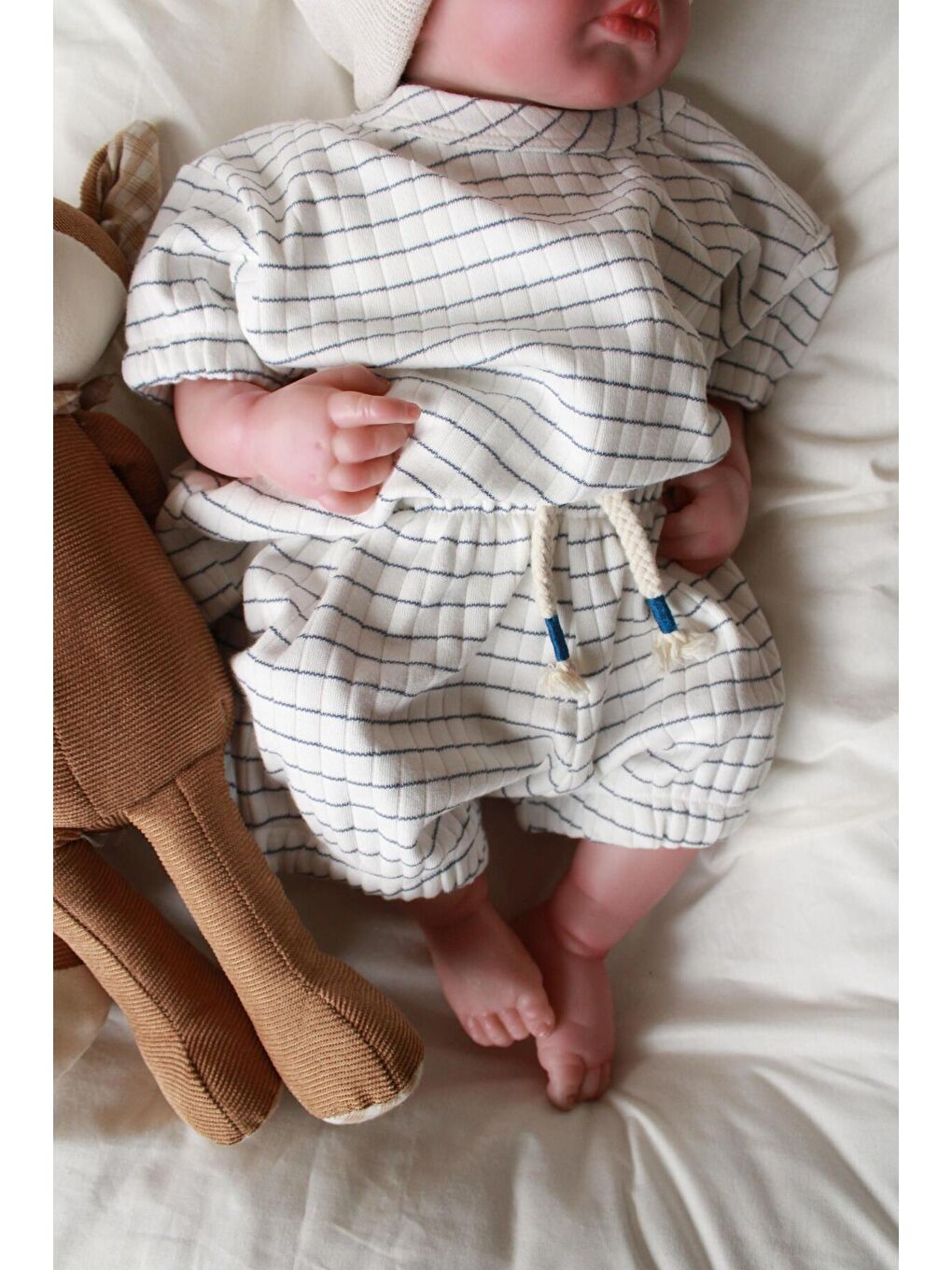 Ekru İndigo Çizgili Lastikli T shirt Şort Takım-7