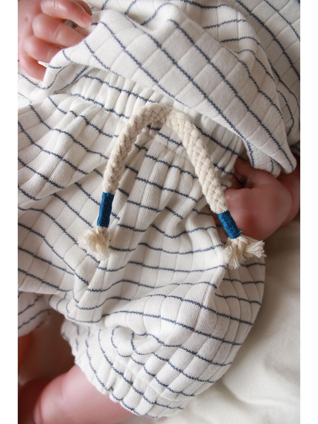 Ekru İndigo Çizgili Lastikli T shirt Şort Takım-8