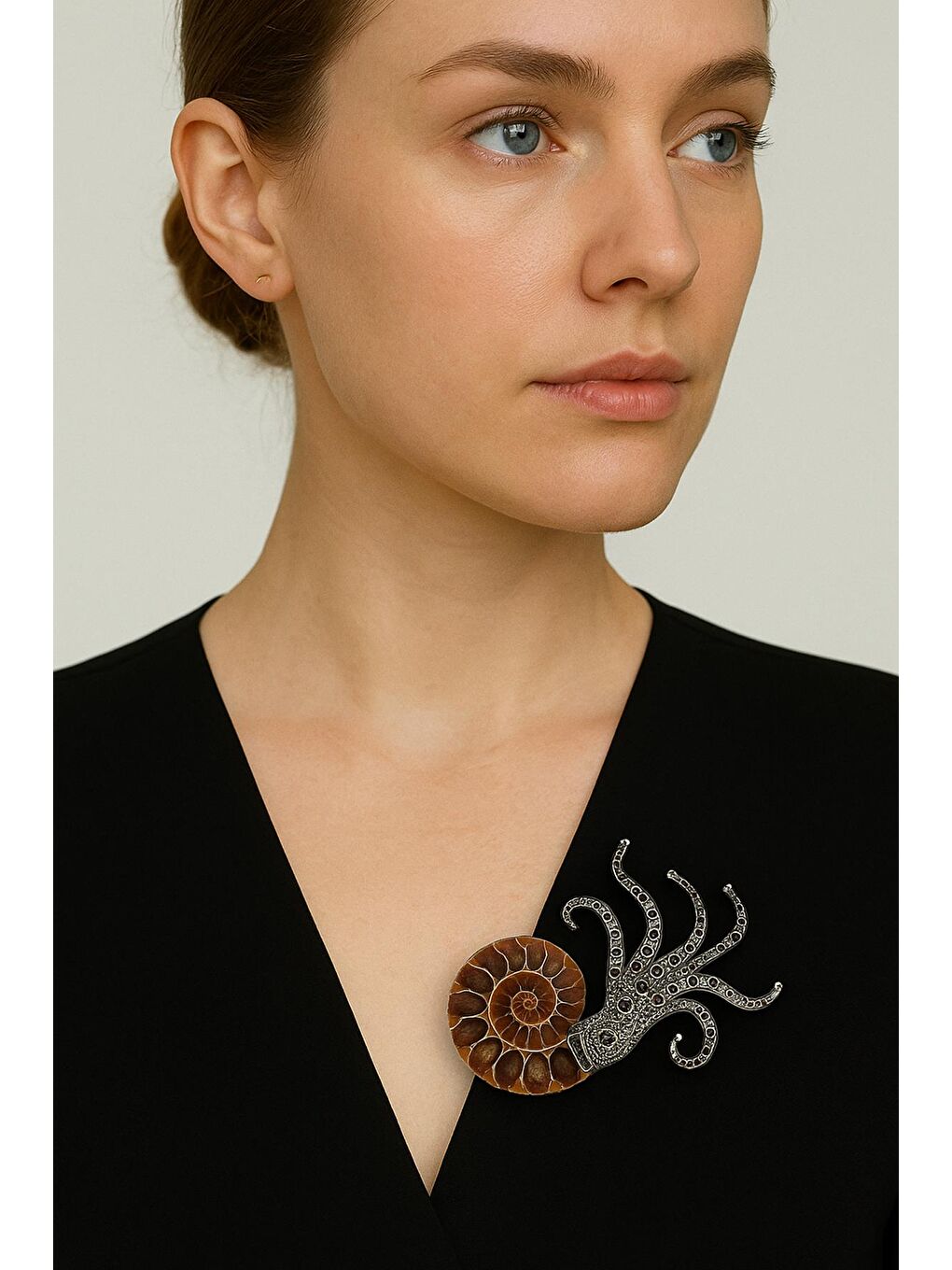 Gri Doğal Ammonit Gümüş Yaka İğnesi Kadın Broş-8