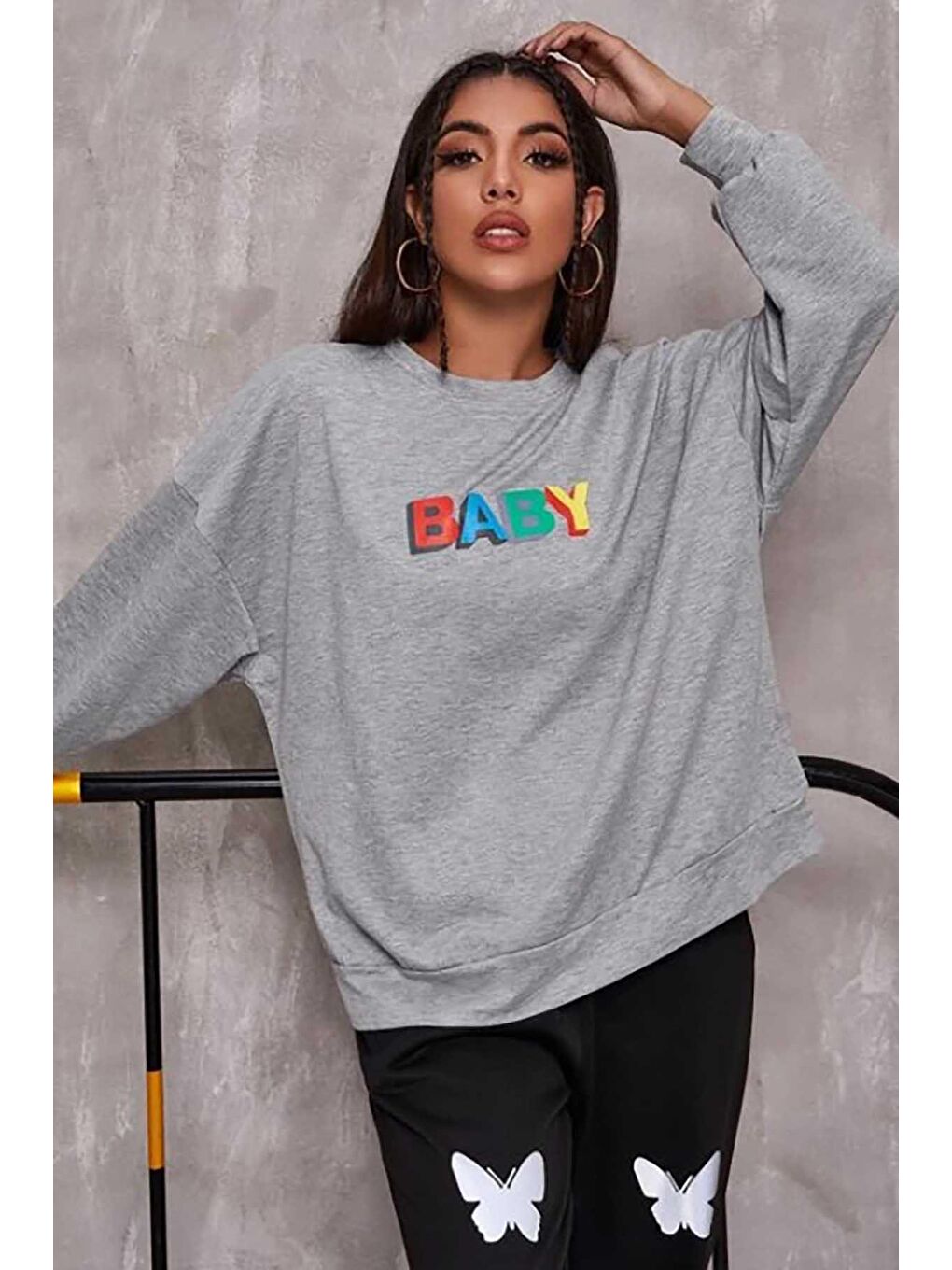 Madmext Gri Baby Baskılı Sweatshirt MG791