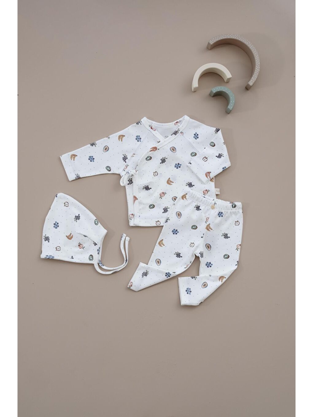 Beyaz Meyve Baskılı Pure Hug Serisi Kruvaze 3'lü Takım-3