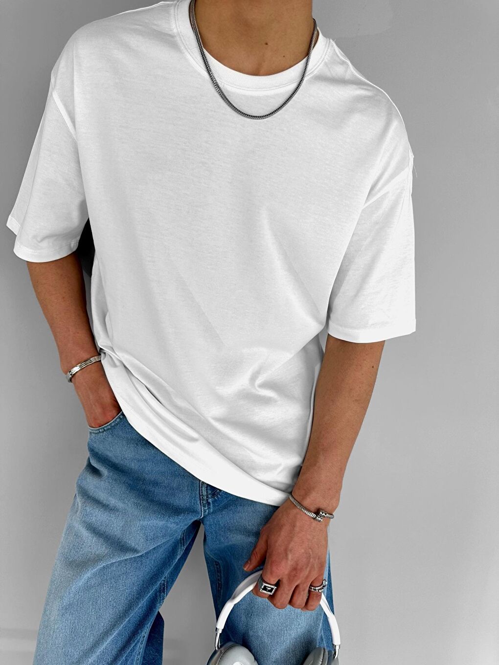 ablukaonline Beyaz Erkek Oversize Basic T-Shirt Beyaz