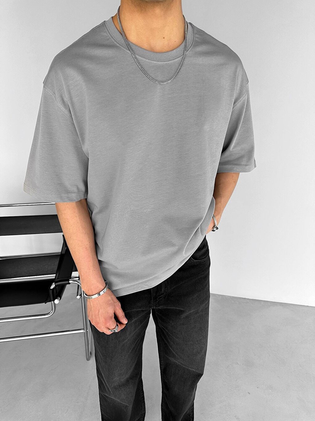 ablukaonline Gri Erkek Oversize Basic T-Shirt Gri